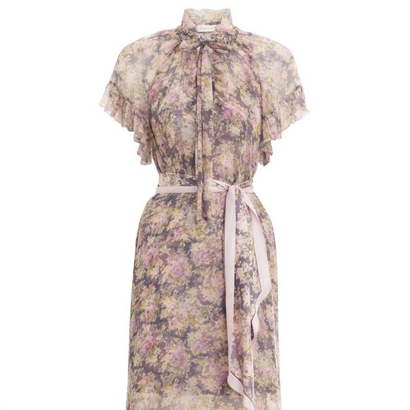 NWT ZIMMERMANN Violet Posy Sabotage Frilled tie-neck floral silk midi dress AU0